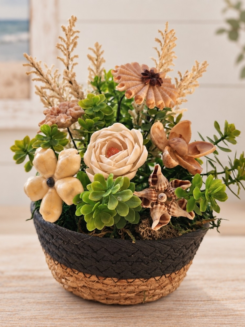 Vintage Seashell Flower Arrangement Coastal Decor Shell Floral Centerpiece Table
